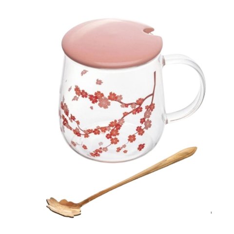Caneca de Vidro Borossilicato com Tampa e Colher Sakura 500ml
