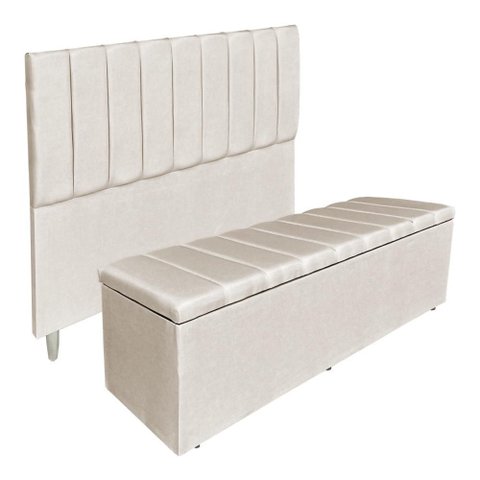 Kit Cabeceira e Calçadeira Recamier Baú Casal 1,40m Holanda Suede - Pallazio Cor:Bege