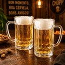 Ver imagem 2 de Kit 2 Canecas Chopp Vidro Grosso 390ml Copo Cerveja Grande Jogo Madrid Bar Gourmet Alca Reforcada Tr