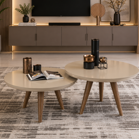 Mesa de Centro Redonda para Sala Moderna Luma - Off White/Freijó