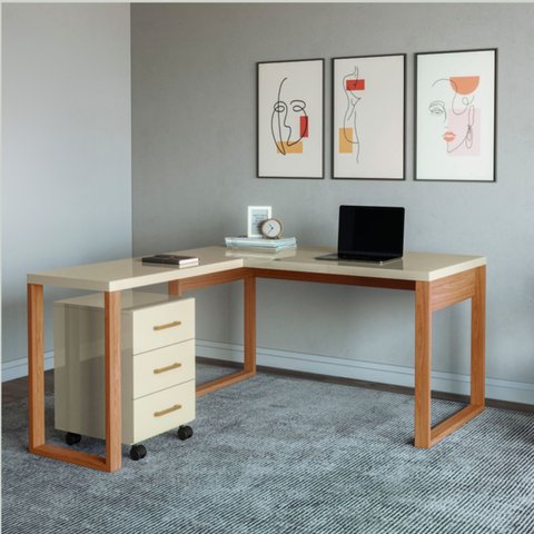 Conjunto Escritório Mesa em L e Gaveteiro 100% MDF Pradel