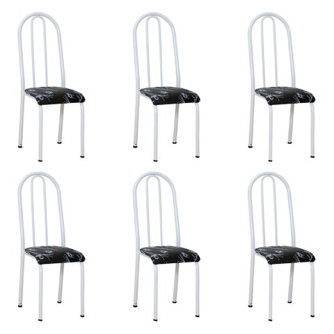 Kit 6 Cadeiras de Cozinha Flórida Estampado Preto Florido Pés de Ferro Branco - Pallazio