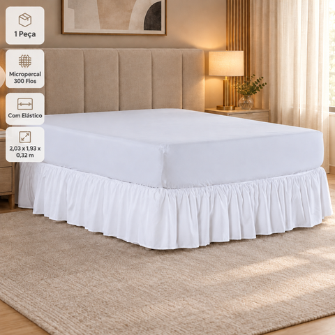Saia Box Babado Elegance King Micropercal 300 Fios Elástico Branco