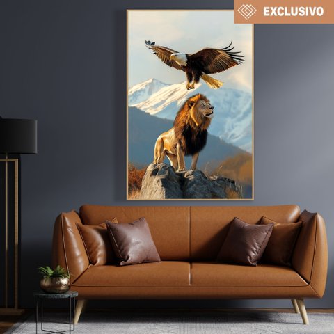 Quadro Decorativo Águia e o Leão na Montanha Sala Quarto Casa Escritório