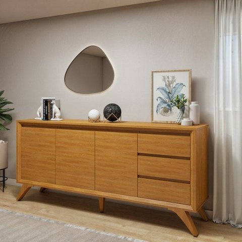 Buffet para Sala de Jantar Laqueado 100% MDF 3 Portas Pés em Madeira Maciça Piazza