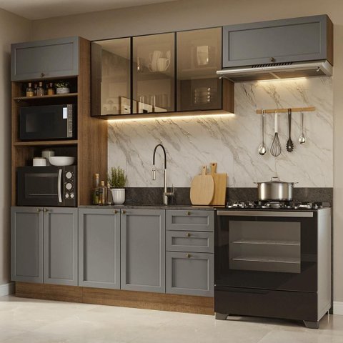Cozinha Completa Vik 9 Portas 3 Gavetas MDP 270cm Cinza Rustic Madesa