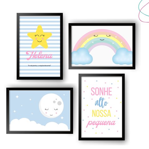 Kit com 4 Quadros Decorativos Infantil Arco-íris Céu Nuvem:preta