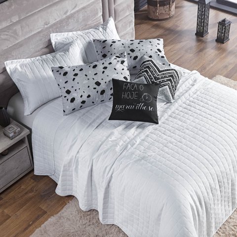 Kit Colcha Casal Padrão 7 Peças 300 Fios Completo Cobre Leito Porta Travesseiro Fronha Branco Ethnic