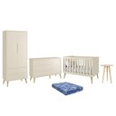 Ver imagem 1 de Dormitório Theo Retrô 2 Portas, Cômoda 1 Porta, Berço, Mesa de Apoio Areia Fosco com Pés