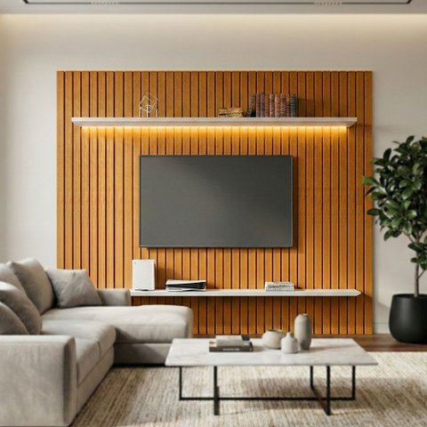 Painel Tv Roma Ripado com Led e Prateleira para Sala e Quarto Decorativo - Cinamomo/off-white