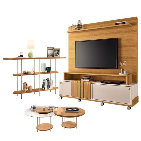 Estante Home Theater Bold Off White Cinamomo e Aparador Infinity e Kit Mesa de Centro Sky Cinamomo –