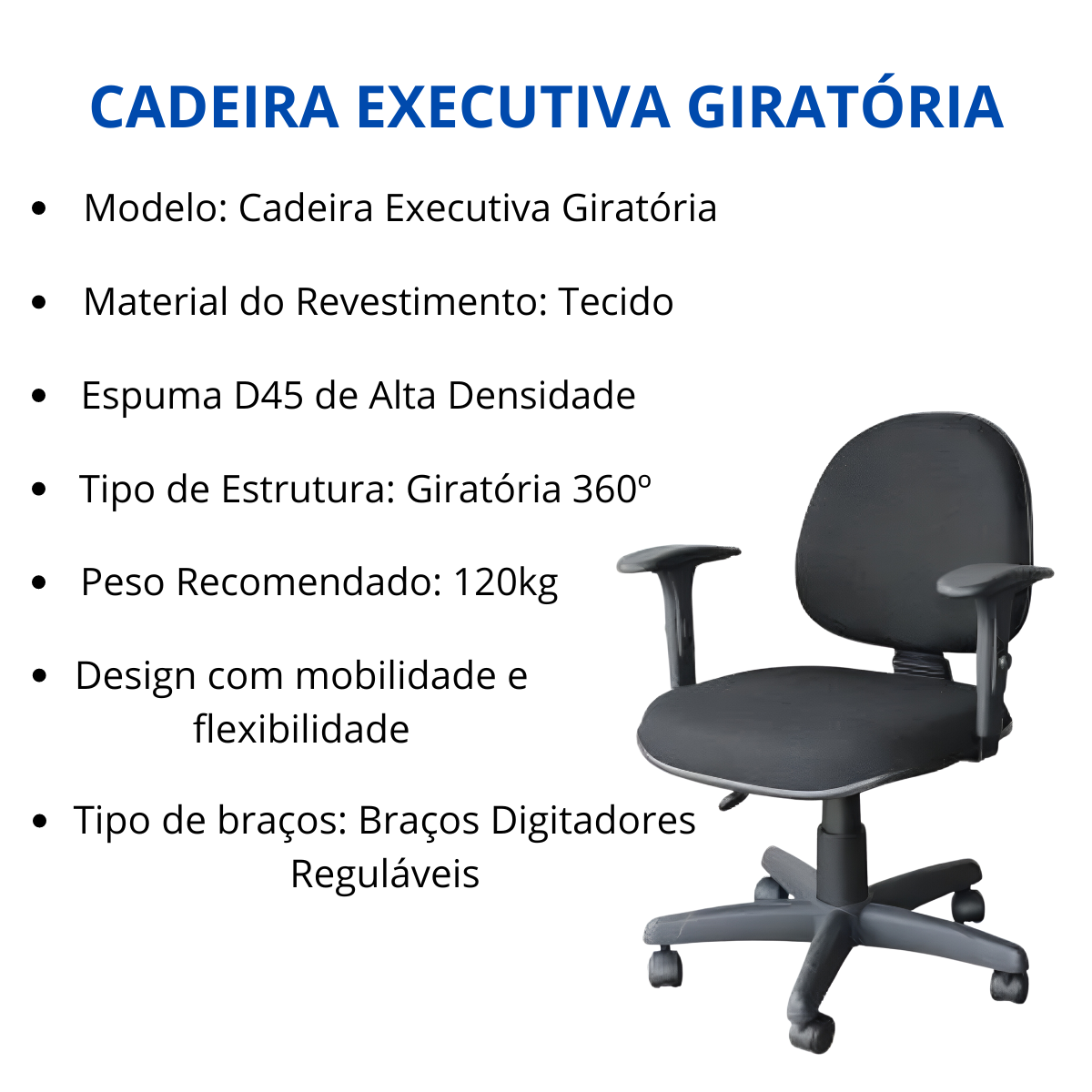 Cadeira de Escritório Executiva Ergonômica Giratória Braço Ajustável Preta - 5