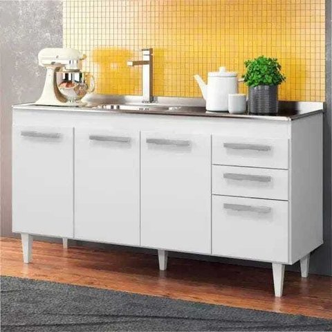 Balcão Gabinete Pia Inox 150cm 4 Portas Lisboa - Lumil Móveis - Branco