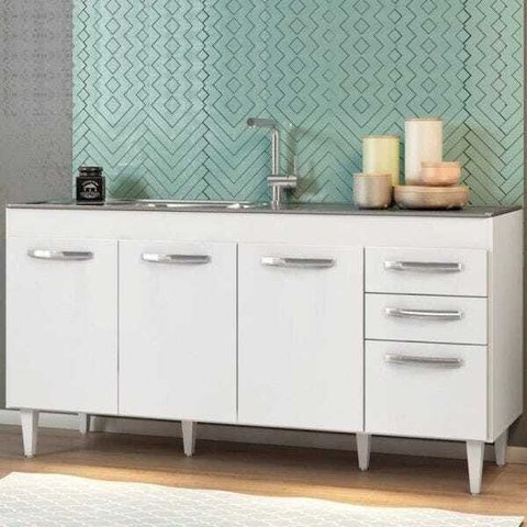 Balcão Gabinete Pia Inox 160cm Áustria 4 Portas - Lumil Móveis - Branco