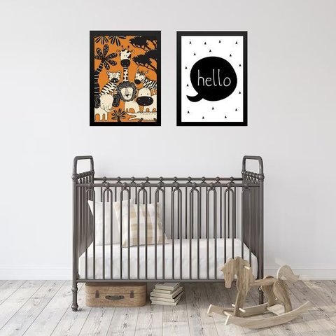 Kit 2 Quadros Infantis Laranja e Preto - Safari 45x34cm - com Vidro:moldura Branca