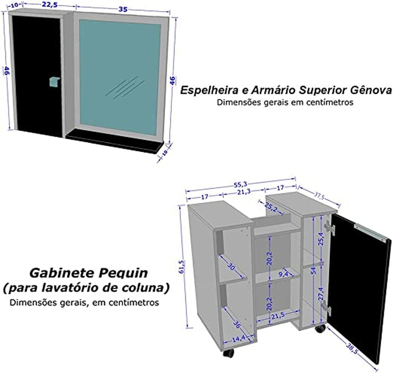 Conjunto Gabinete Para Pia De Coluna Pequin Com Espelheira Genova Nero MadeiraMadeira