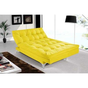 Sofá-cama 3 Lugares Versátil Veludo Liso Amarelo 1/1 - Império Estofados