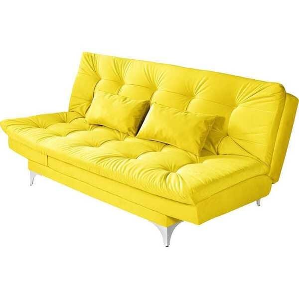 Sofá-Cama 3 Lugares Versátil Veludo Liso Amarelo 1/1 - Império Estofados