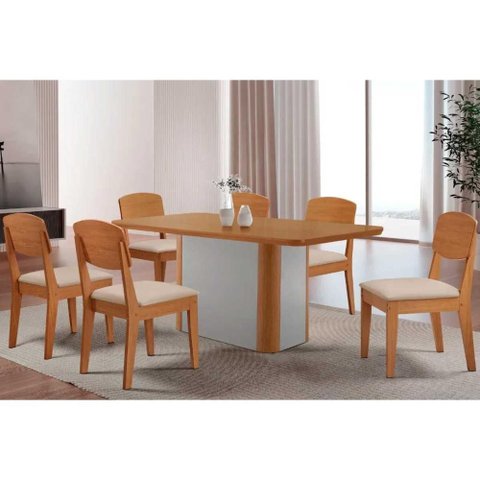 Sala de Jantar Completa Pietá C/ Tampo Madeirado Canto Curvo 180x90cm e 6 Cadeiras Havana Naturale/