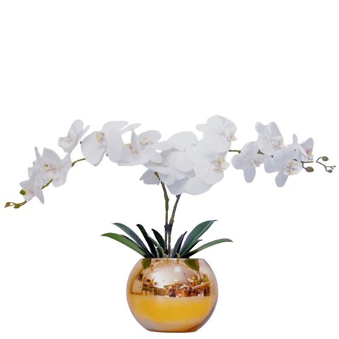 Arranjo Flores 2 Orquídeas Brancas Toque Real Vaso Ouro