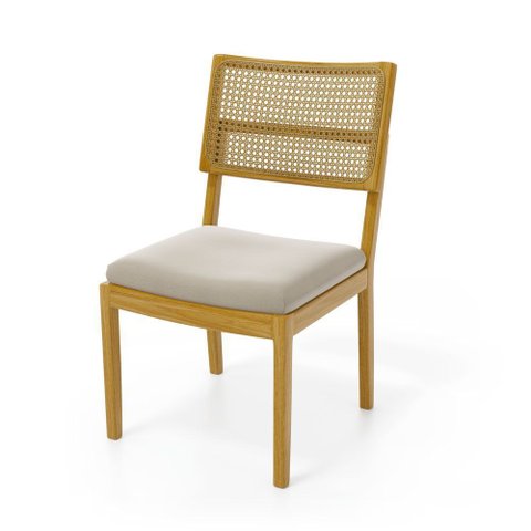 Cadeira Milena Madeira Maciça Assento Estofado Encosto de Tela Palha Sextavada Veludo Bege 102