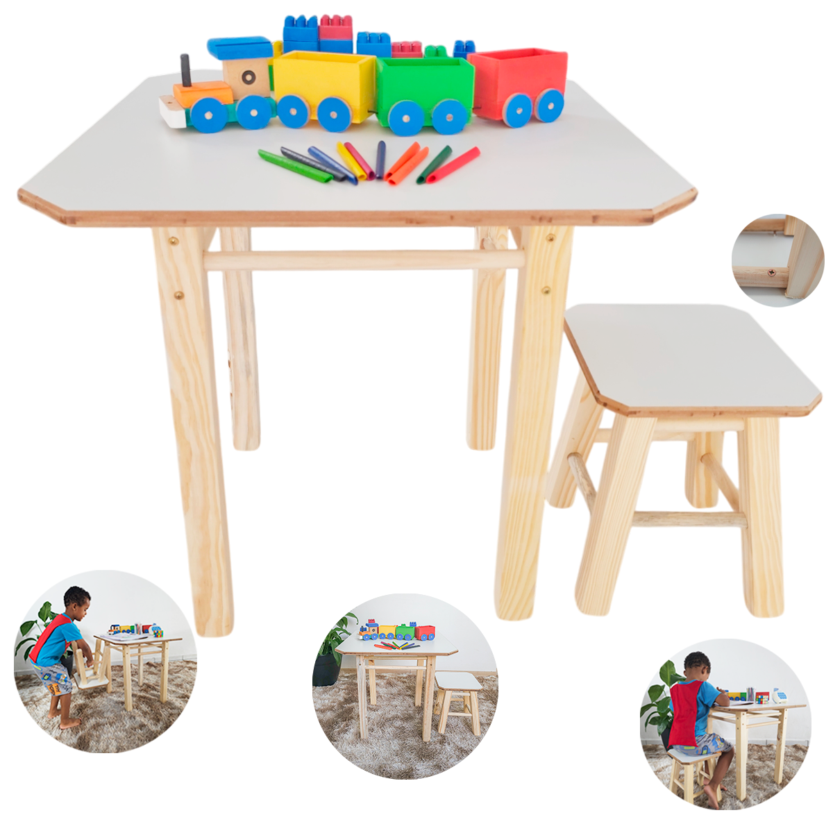 Mesa Mesinha com Banco Banquinho Infantil de Madeira Maciça Mdf para Atividades