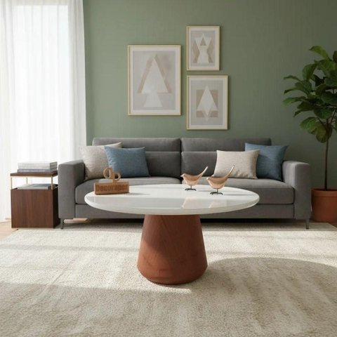 Mesa de Centro com Vidro 80cm e Base Cone Envernizada Redondo MDF Madeira 80cm Branco
