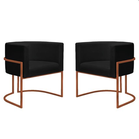 Kit 2 Poltronas Reforçadas Decorativa Sala Nayara Base Ferro Bronze Suede Preto