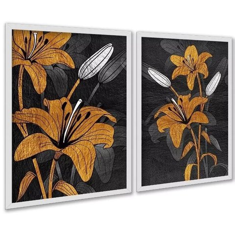 Kit 2 Quadros Flores Marrom e Preto - Lírios 33x24cm - com Vidro:moldura Preta