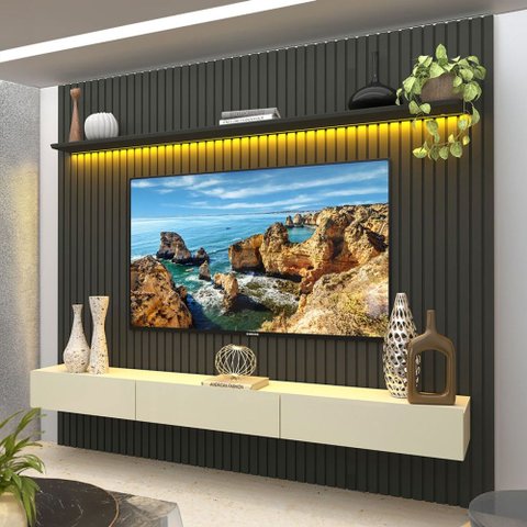 Painel para TV até 85 Polegadas Sole 3 Gavetas Ripado 100% MDF Grafite/Off White - Pnr Móveis