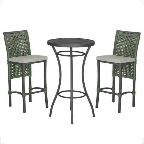 Mesa Bistrô com 2 Banquetas Roma Preta Corda Náutica 3 Trama Verde