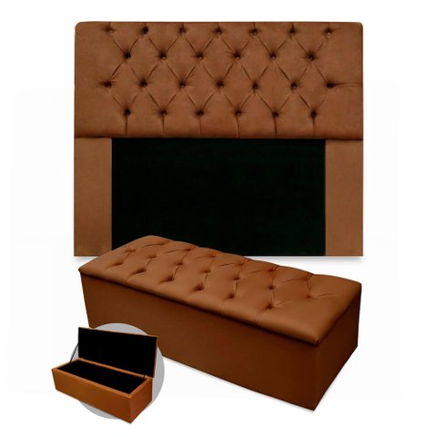 Kit Cabeceira + Calçadeira Baú Mirage Queen Size 160cm Suede - Ecotec Decor:Marrom