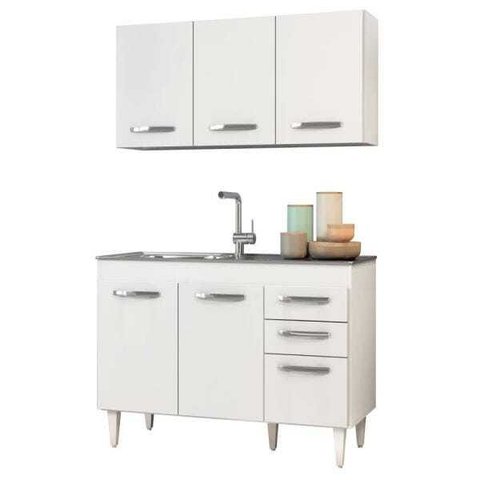 Armário Aéreo Honduras e Balcão Gabinete Pia Inox 120cm Suécia - Lumil Móveis - Branco