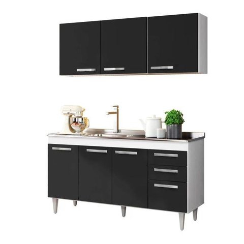 Armário Aéreo Parma e Balcão Gabinete Pia Inox 150cm Lisboa - Lumil Móveis - Branco/Preto