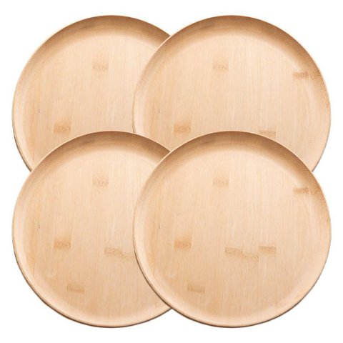 Jogo 4 Prato Raso de Bambu Natural Ecológico Pratinho Madeira Lyor 27cm