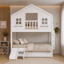 Ver imagem 1 de Beliche Casinha Dos Sonhos com Varanda 02 Gavetas Kit Escorregador Madeira Maciça Branco Housin