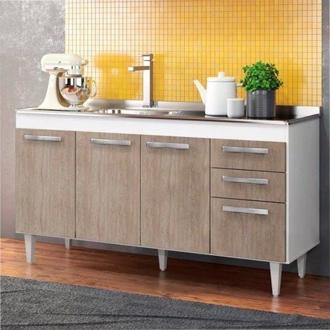 Balcão Gabinete Pia Inox 150cm 4 Portas Lisboa - Lumil Móveis - Branco/Castanho
