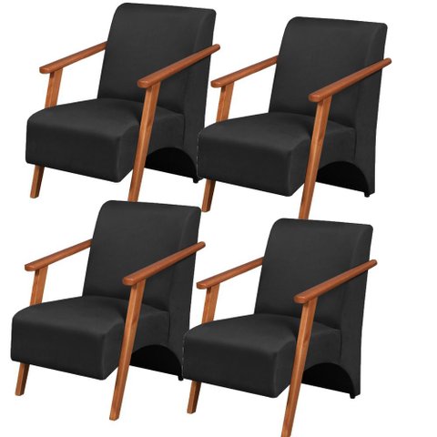 Kit 4 Poltronas Venus 1 Lugar Braço Madeira Maciça Tecido Suede Unidecor Preto
