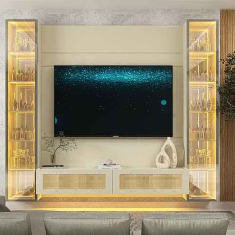 Estante Home para TV até 65 Polegadas com LED Vidro Reflecta e Detalhe Rattan 100% MDF 217,6CMX229,4cm Luminare Off White