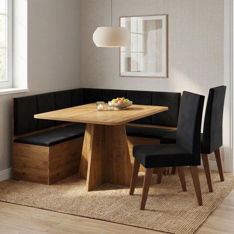 Canto Alemão com Baú com 2 Cadeiras 120x77,5cm Linha Milão Mel Preto