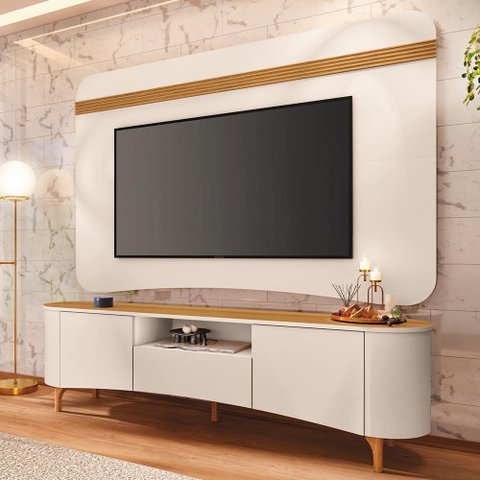 Rack Sala Martina com Painel TV 80 pol Orgânico Ermione B01 Off White Cinamomo - Lyam Decor