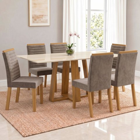 Conjunto Sala de Jantar Mesa Lisa 160cm Tampo MDF Canto Reto 6 Cadeiras Tainá