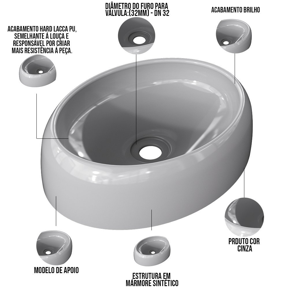 Kit 02 Cubas de Apoio Oval Para Banheiro Lavabo C01 Capri O39 Cinza - Lyam Decor - 4