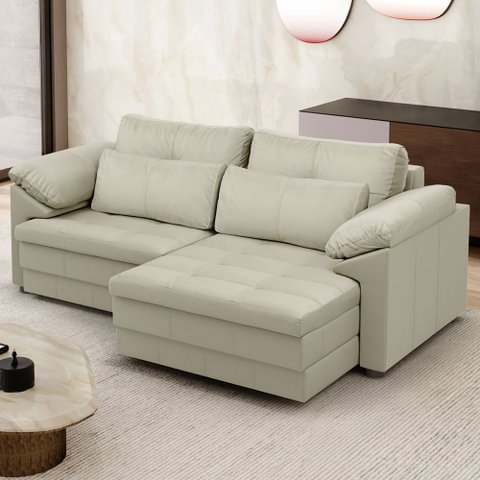 Sofá Retrátil para Sala de Estar 3 Lugares 250cm Riza S03 Couro Bege Pérola - Lyam Decor