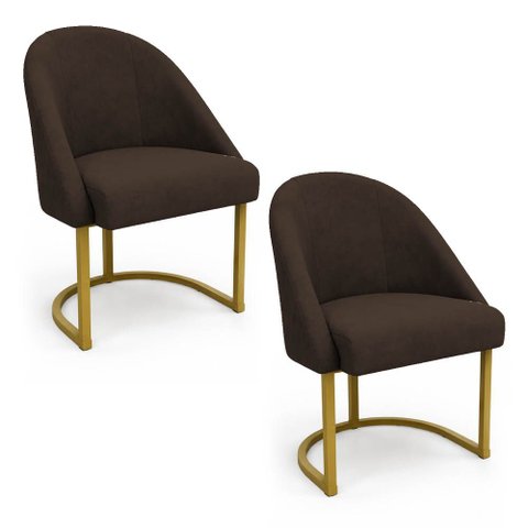 Kit 02 Cadeiras Poltrona de Jantar Lua Veludo Marrom Base Ferro Dourado Dal Poz Estofados