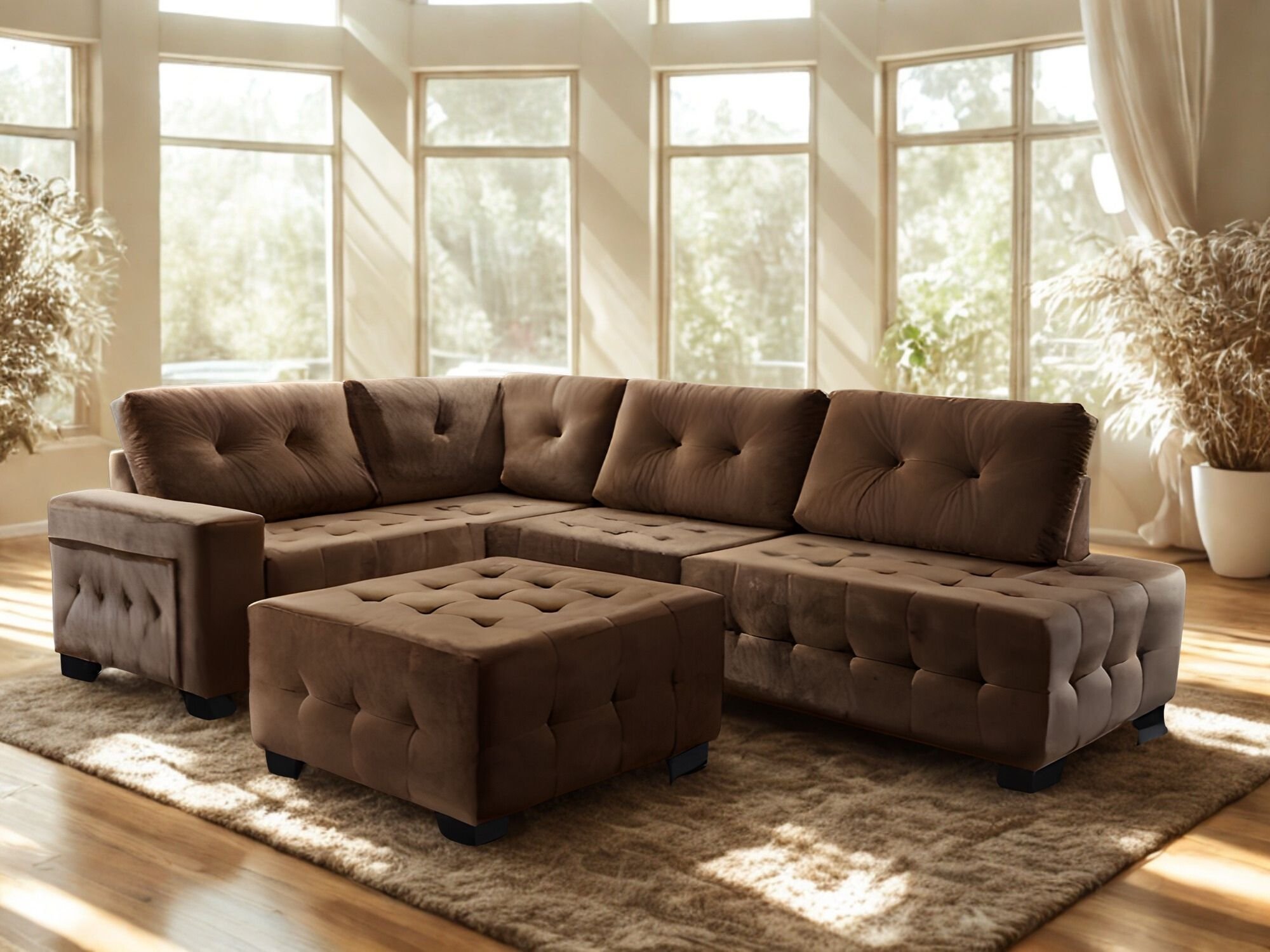 Sofa de Canto Everest com Puff Maguimóveis Veludo Marrom | MadeiraMadeira