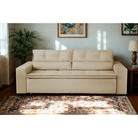 Sofá Retrátil e Reclinável 3 Lugares com Molas 1,80m Veneza Suede Bege Mirra Decor