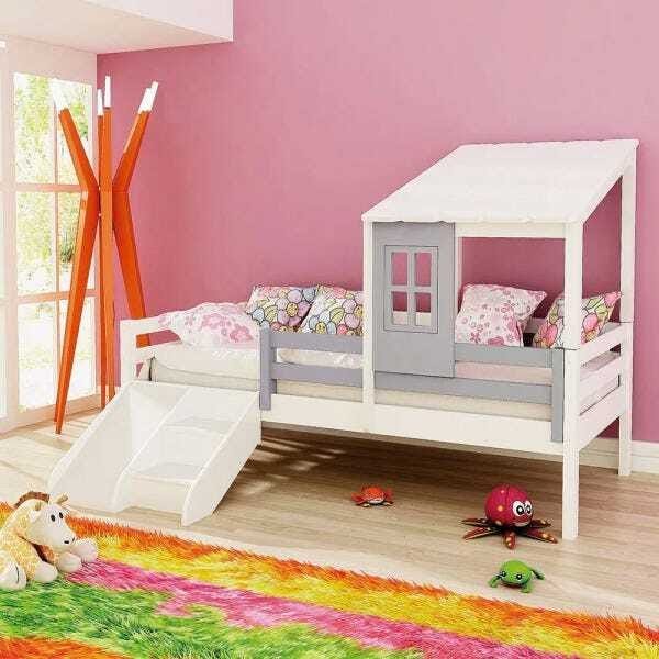 Cama Infantil Prime Com Telhadinho Ii Grade De Prote O E Kit Escadinha Escorrega Lil S