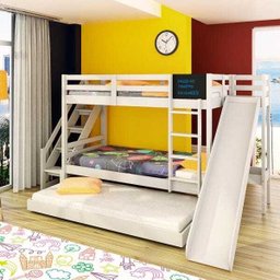 Beliche Teen Play com Cama Auxiliar Escorregador/ Escada Lateral e Lousa - Madeira Maciça - Casatema - 1