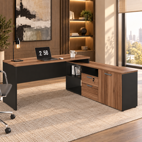 Mesa para Escritório Diretor 150x160cm 2 Gavetas 1 Porta Yaris YAR1716 Marrom/Preto - Gebb Work